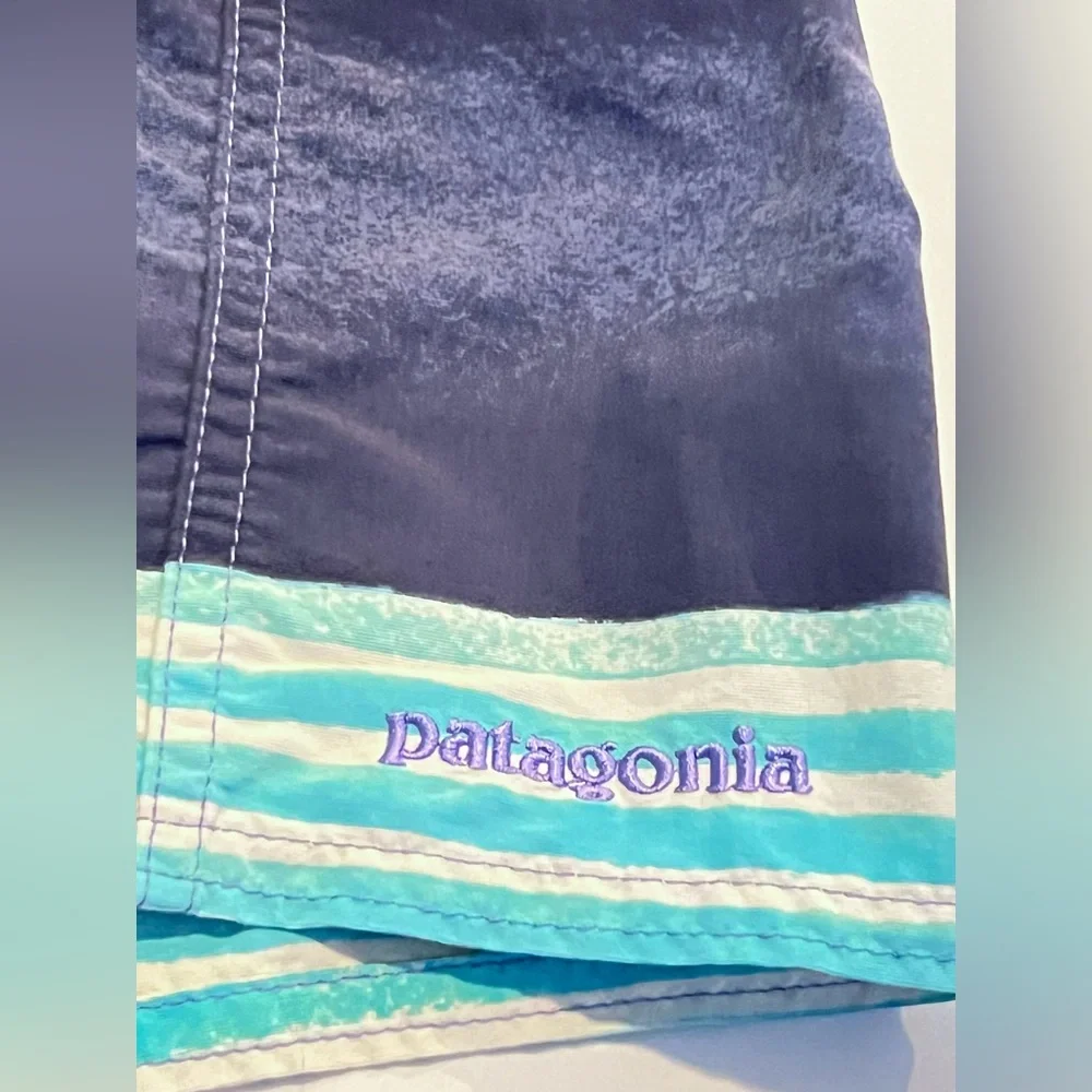 Patagonia Swim Board Shorts Trunks Mens 34 Blue Orange Striped Beach zip Pocket